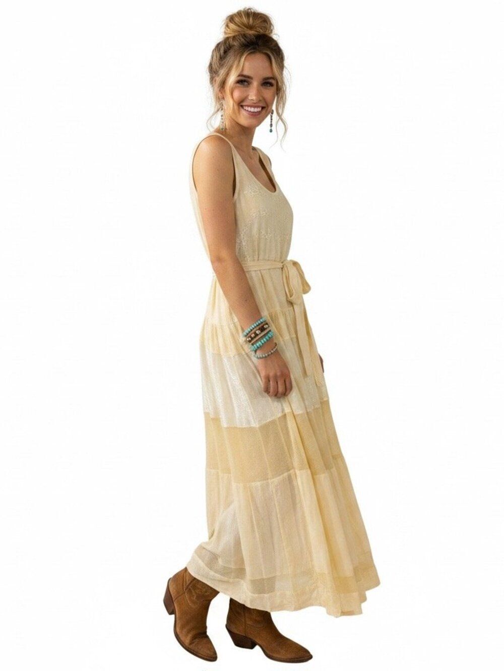 Cream Sleeveless Tiered Panel Maxi Dress Free People Medium NWT